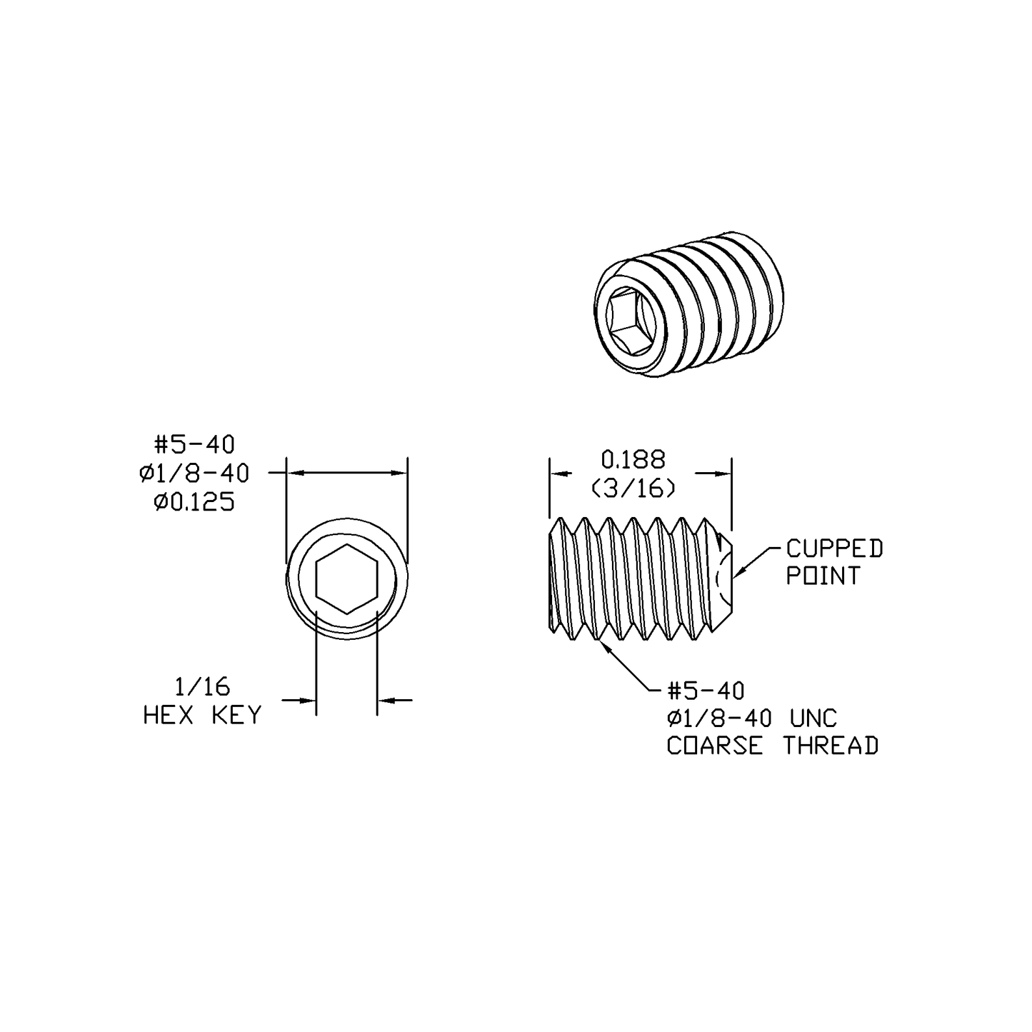 #5 x 3/16 lg, (1/8-40), Standard Thread, Socket Set Screw, Cupped Point, Black Oxide Finish