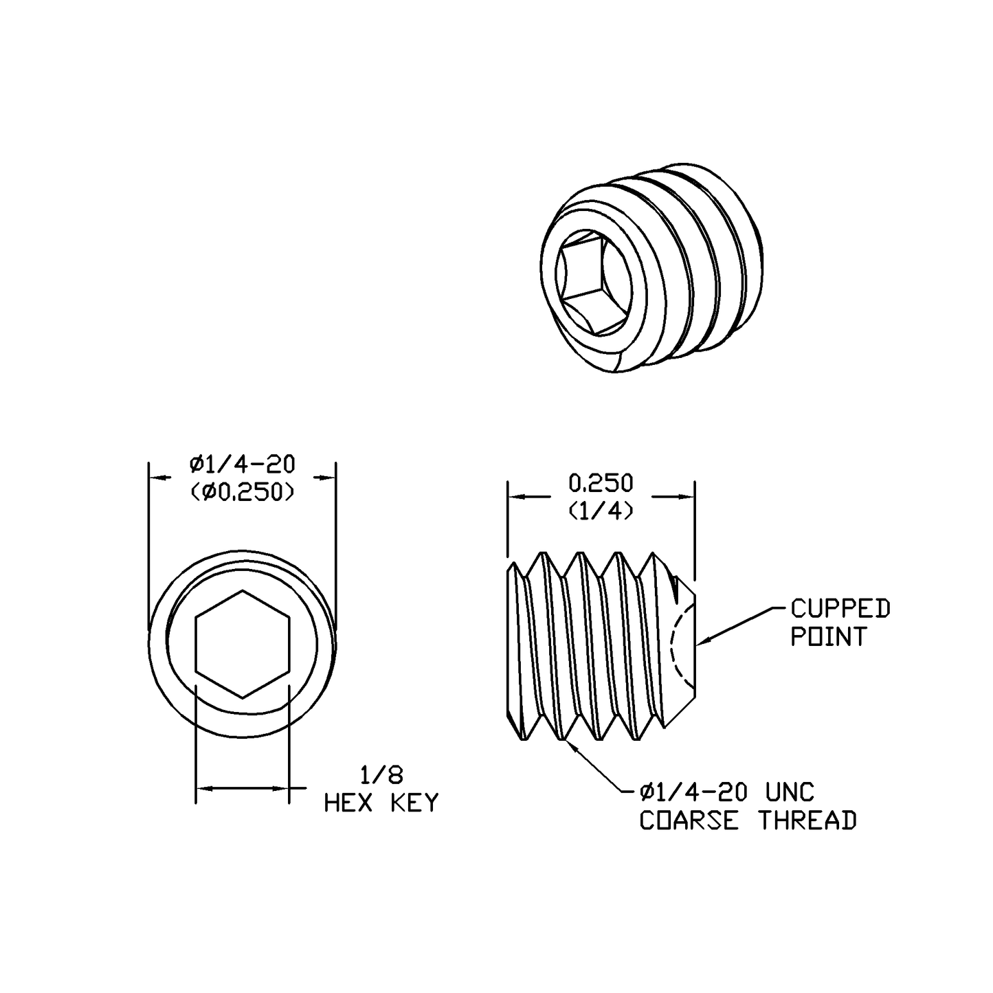 1/4-20 x 1/4 Lg, Standard Thread, Socket Set Screw, Cupped Point, Black Oxide Finish