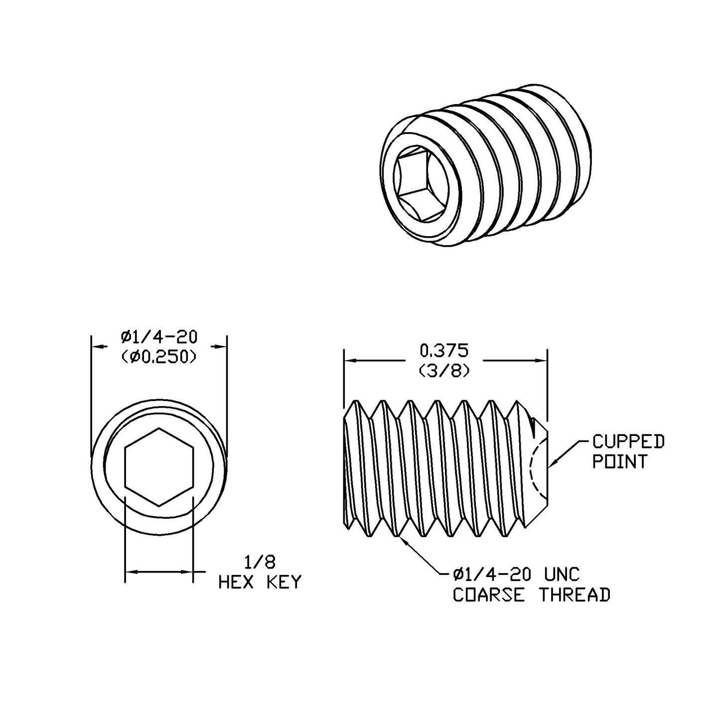 1/4-20 x 3/8 Lg, Standard Thread, Socket Set Screw, Cupped Point, Black Oxide Finish