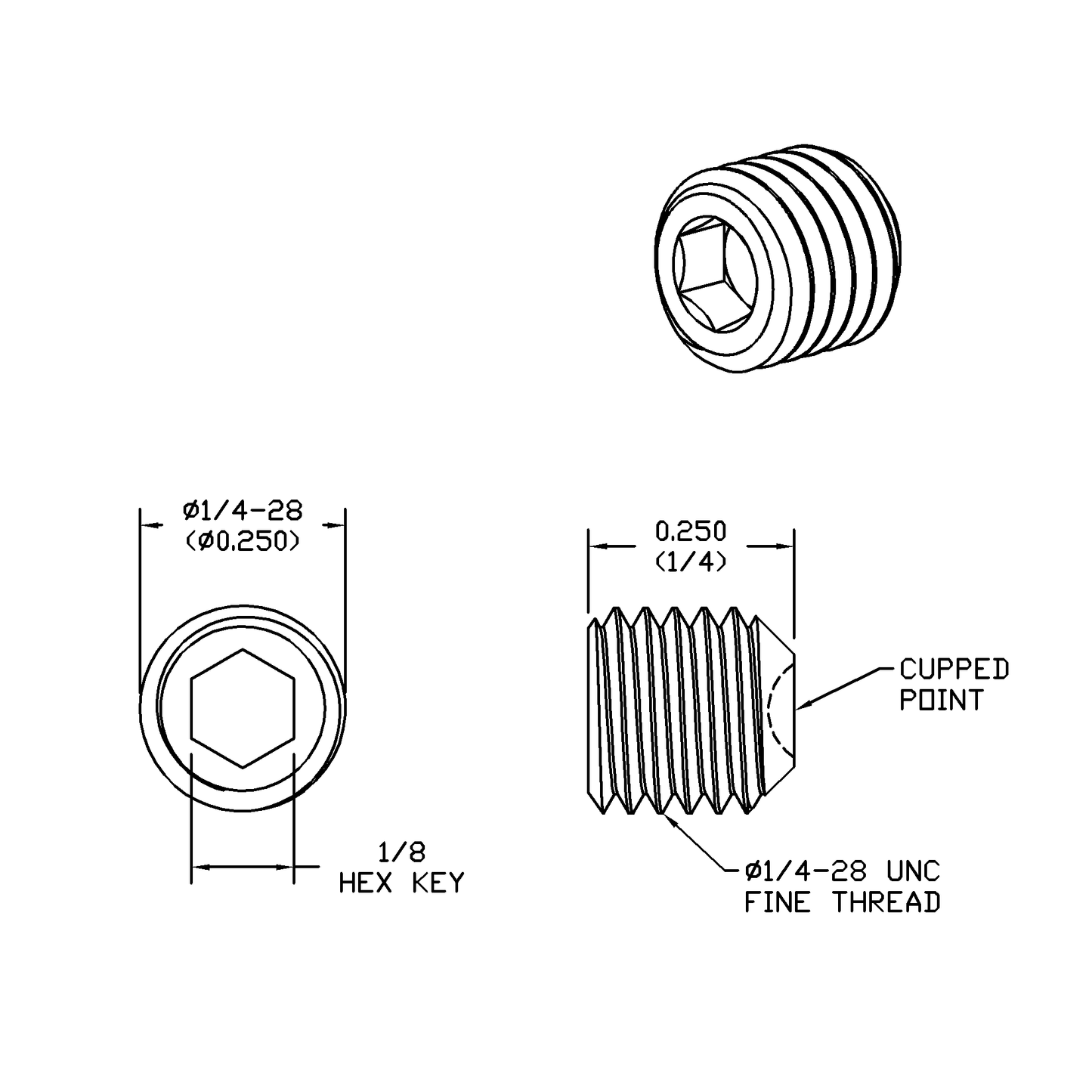 1/4-28 x 1/4 Lg, Fine Thread, Socket Set Screw, Cupped Point, Black Oxide Finish