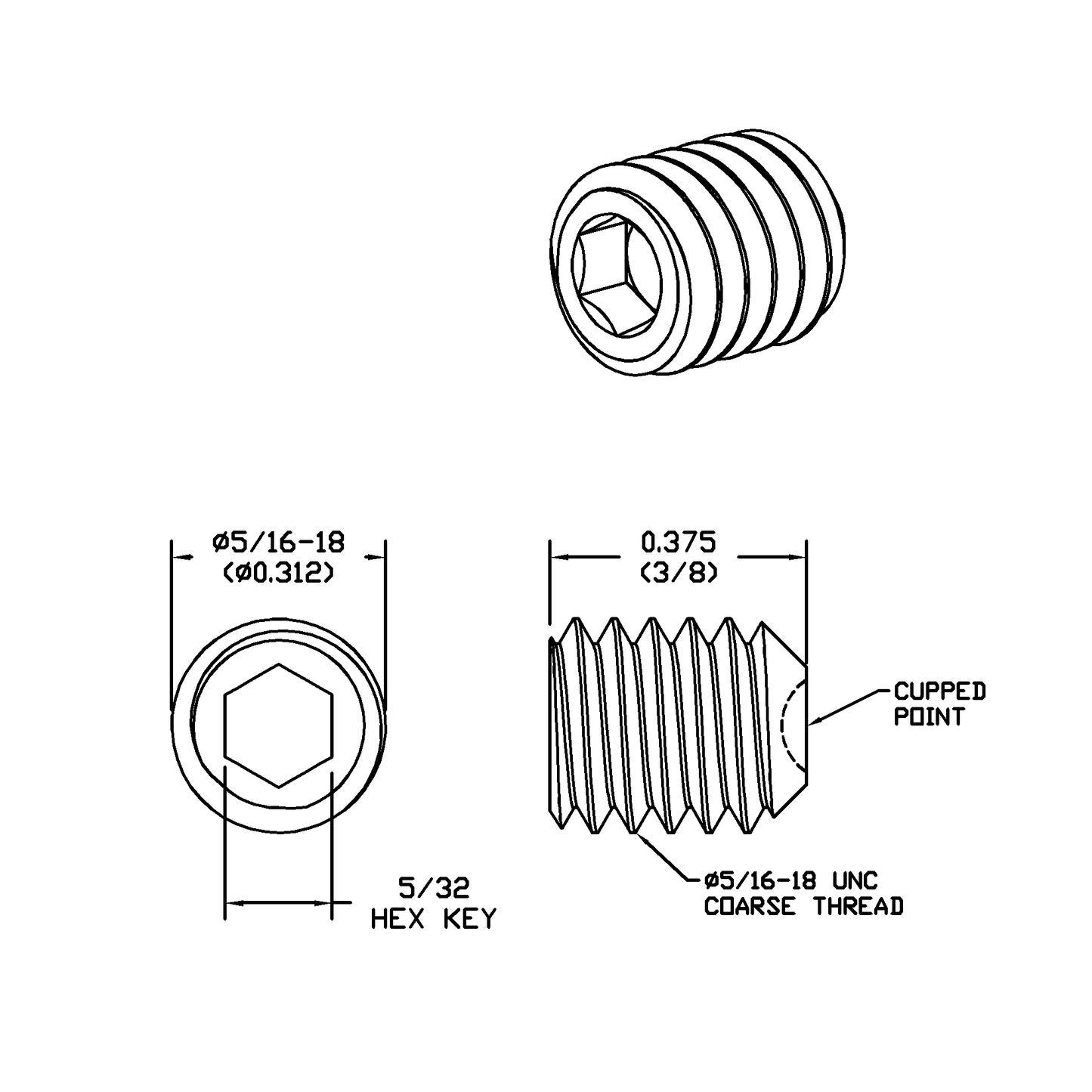 5/16-18 x 3/8 Lg, Standard Thread, Socket Set Screw, Cupped Point, Black Oxide Finish