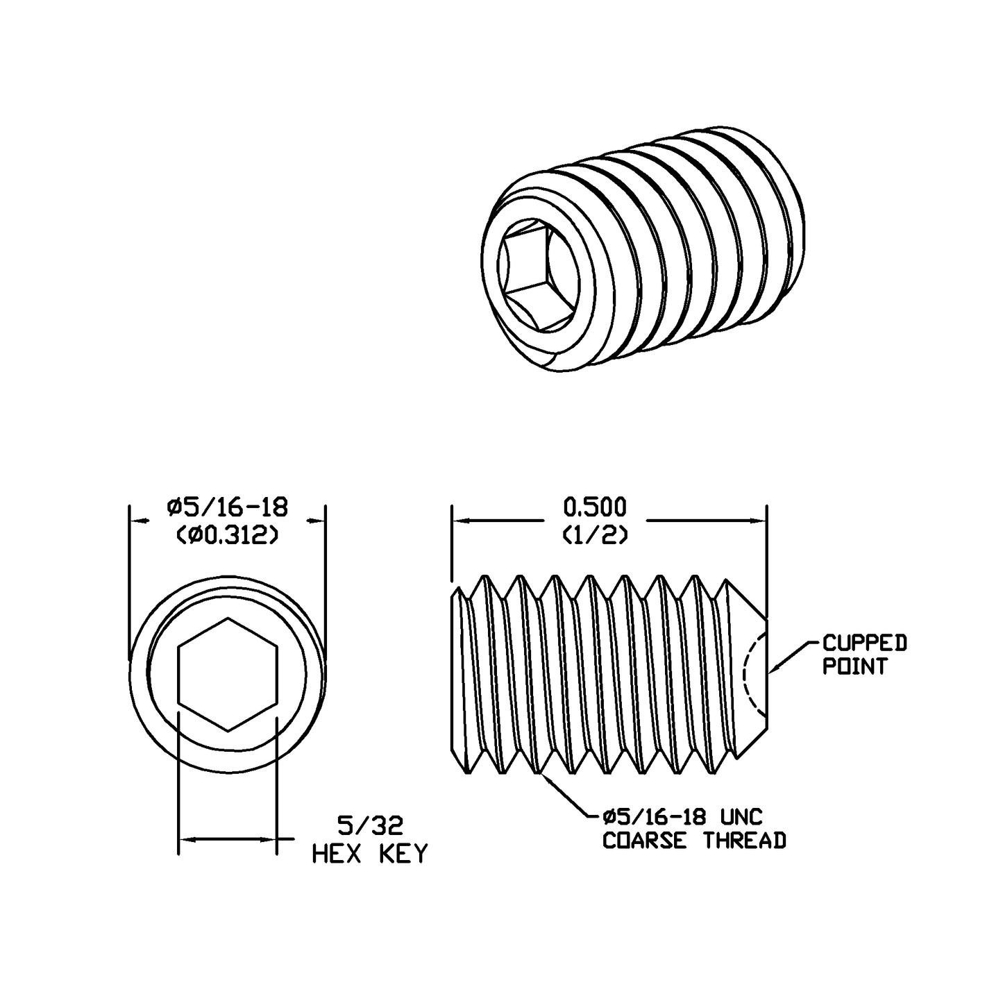5/16-18 x 1/2 Lg, Standard Thread, Socket Set Screw, Cupped Point, Black Oxide Finish