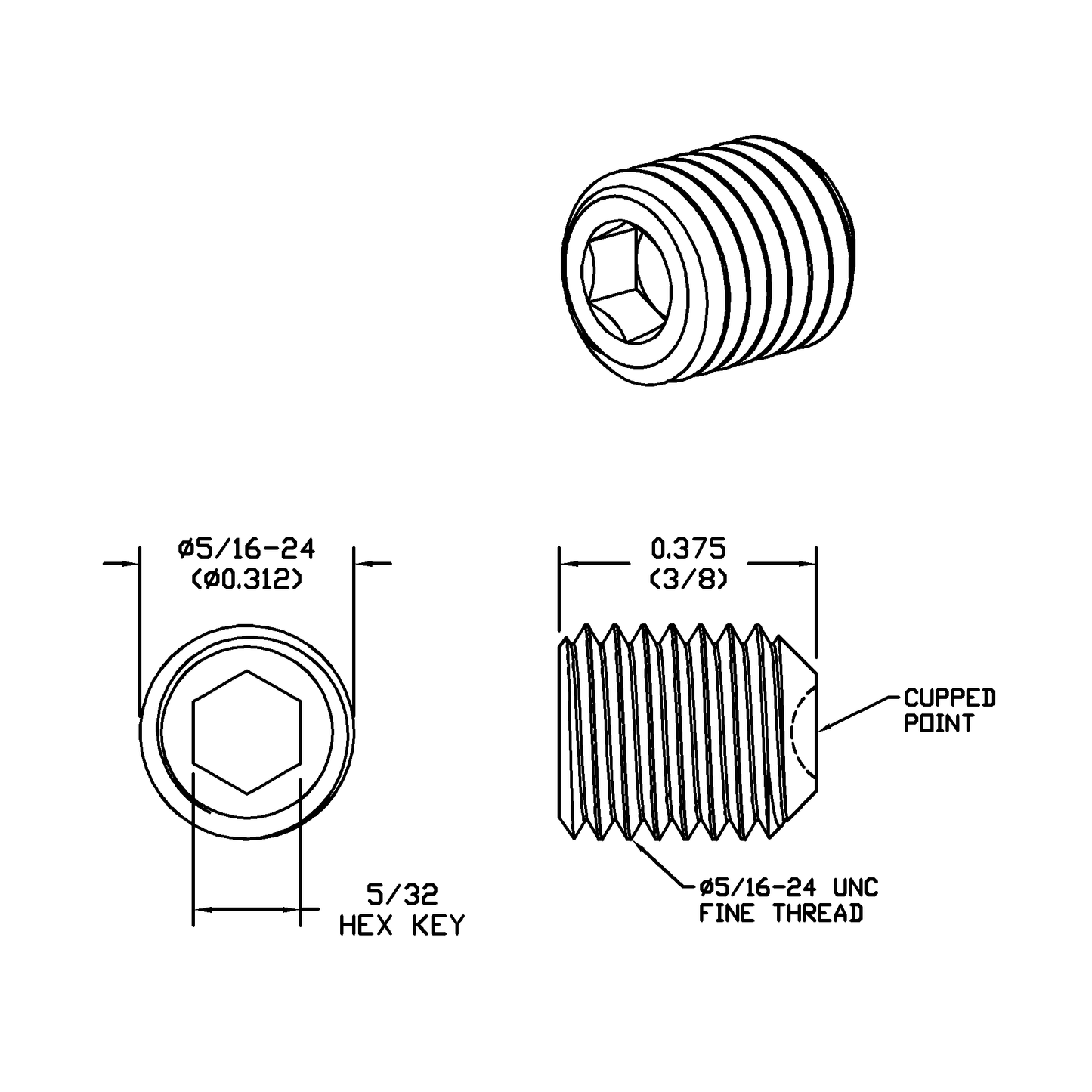 5/16-24 x 3/8 Lg, Fine Thread, Socket Set Screw, Cupped Point, Black Oxide Finish
