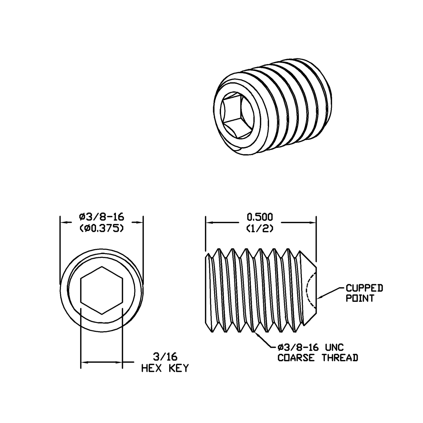 SAE 3/8-16 x 1/2 Lg, Standard Thread, Socket Set Screw, Cupped Point, Black Oxide Finish