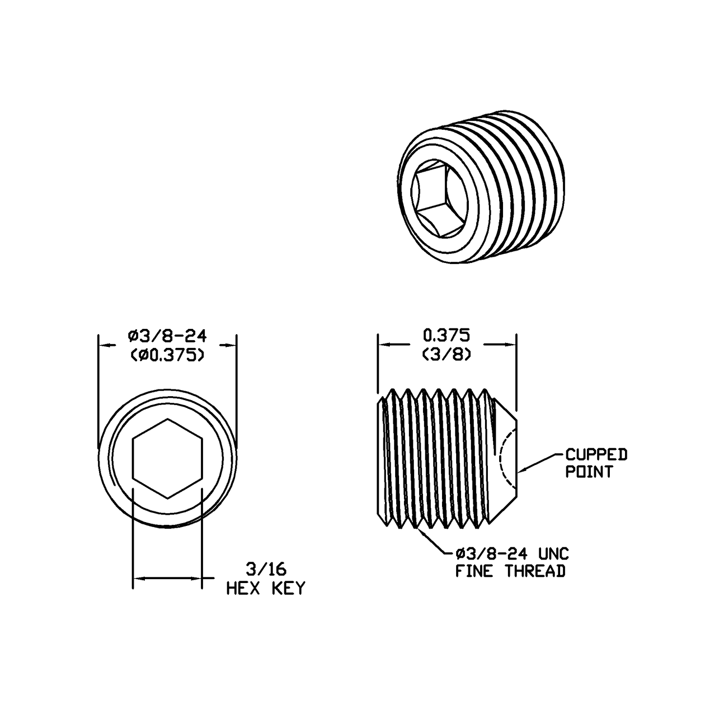 SAE 3/8-24 x 3/8 Lg, Fine Thread, Socket Set Screw, Cupped Point, Black Oxide Finish