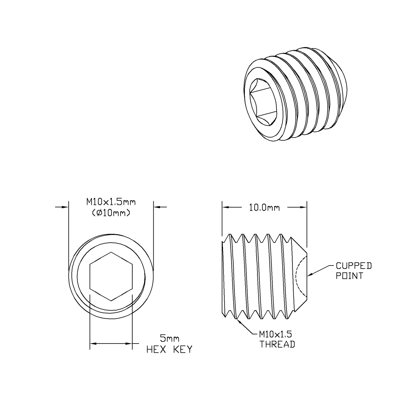 M10 x 10mm Lg (M10x1.5 Standard Thread) Socket Set Screw, Cupped Point Black Oxide Finish