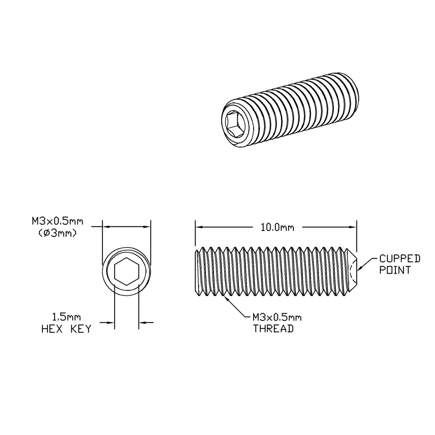 M3 x 10mm Lg (M4x0.5 Standard Thread) Socket Set Screw, Cupped Point Black Oxide Finish