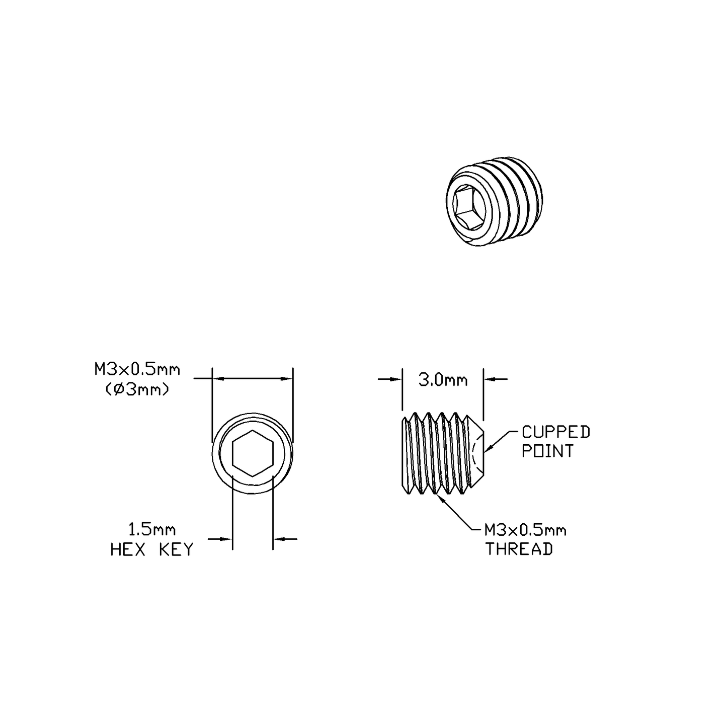 M3 x 3mm Lg (M4x0.5 Standard Thread) Socket Set Screw, Cupped Point Black Oxide Finish