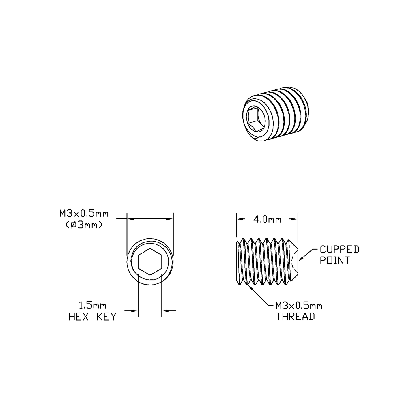 M3 x 4mm Lg (M4x0.5 Standard Thread) Socket Set Screw, Cupped Point Black Oxide Finish