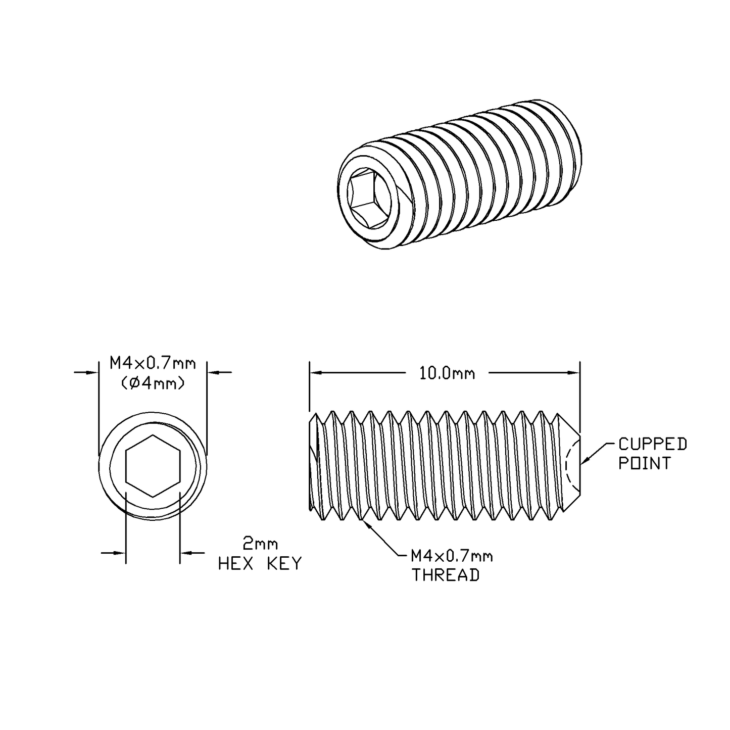 M4 x 10mm Lg (M4x0.7 Standard Thread) Socket Set Screw, Cupped Point Black Oxide Finish