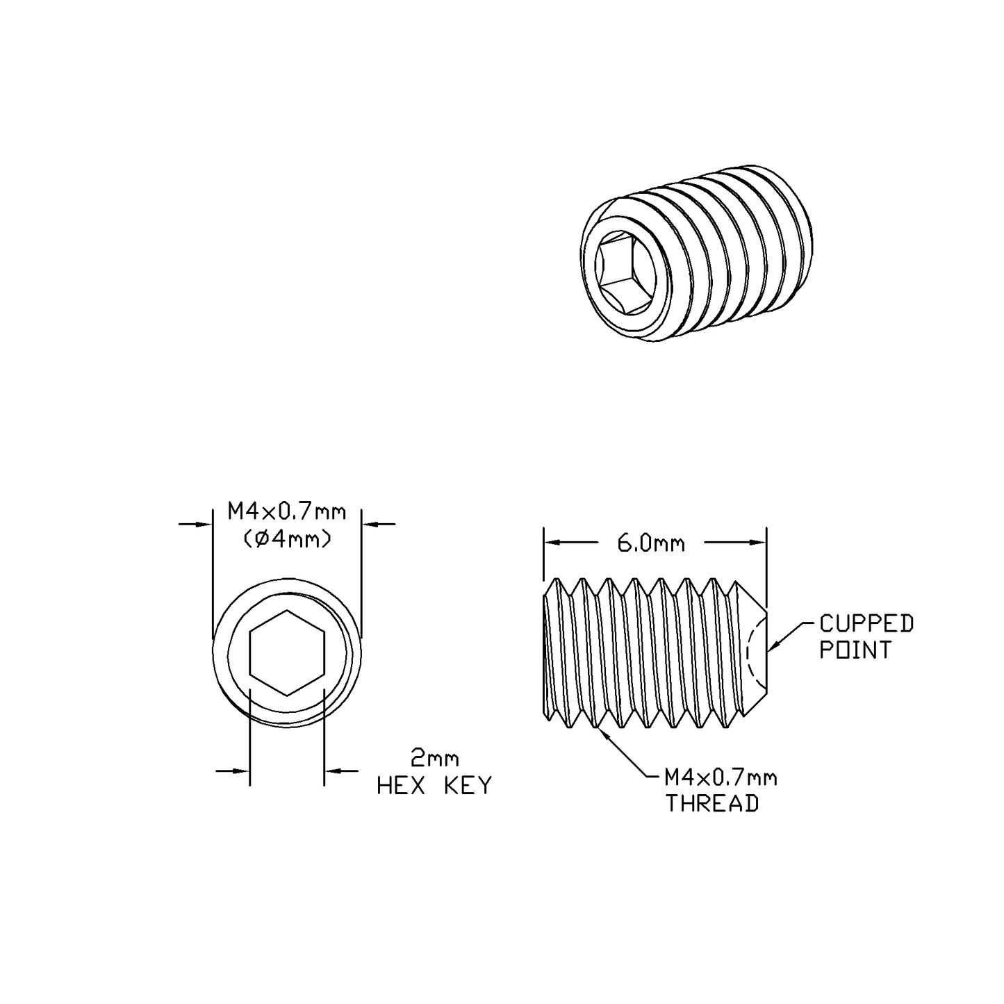 M4 x 6mm Lg (M4x0.7 Standard Thread) Socket Set Screw, Cupped Point Black Oxide Finish