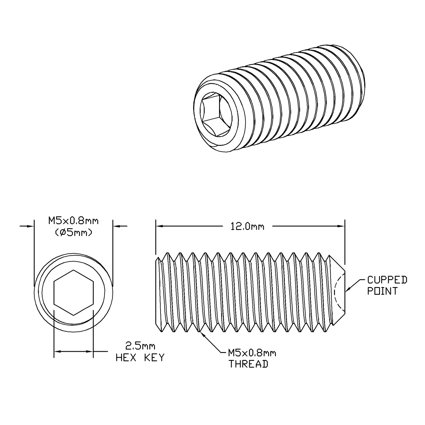 M5 x 12mm Lg (M5x0.8 Standard Thread) Socket Set Screw, Cupped Point Black Oxide Finish
