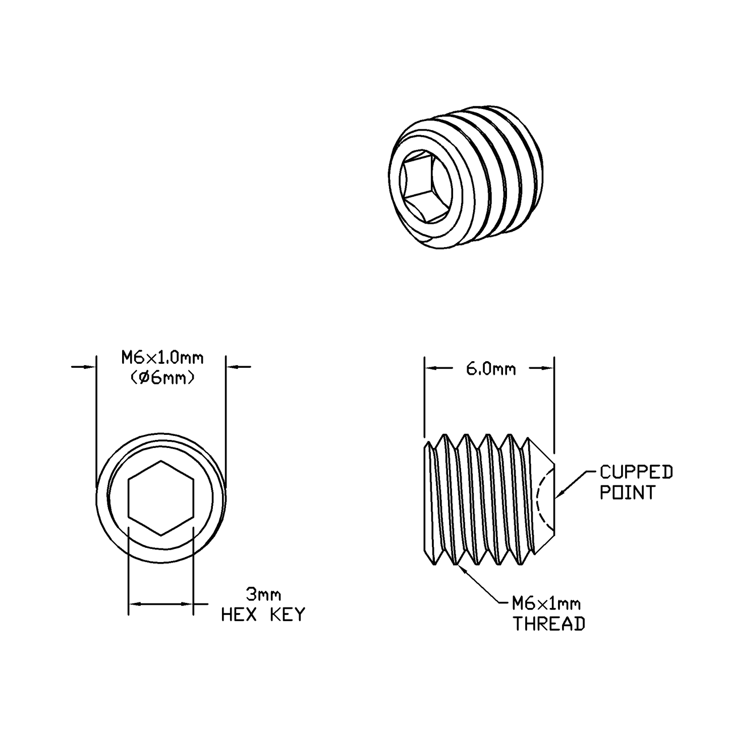 M6 x 6mm Lg (M6x1.0 Standard Thread) Socket Set Screw, Cupped Point Black Oxide Finish