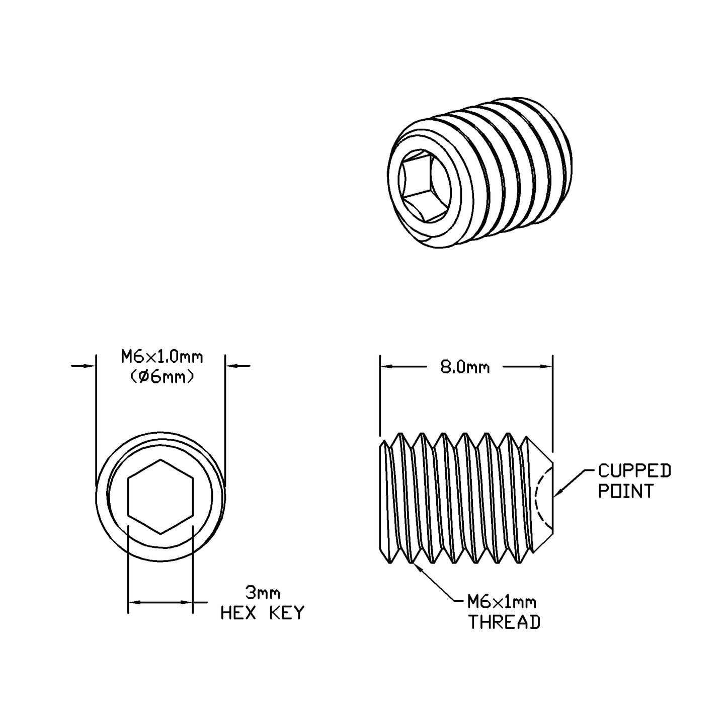 M6 x 8mm Lg (M6x1.0 Standard Thread) Socket Set Screw, Cupped Point Black Oxide Finish
