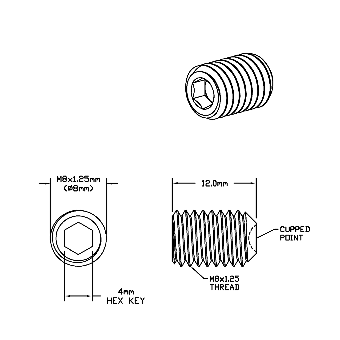 M8 x 12mm Lg (M8x1.25 Standard Thread) Socket Set Screw, Cupped Point Black Oxide Finish
