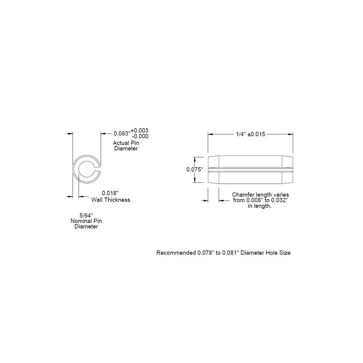 5/64 Dia. (.078), SAE Roll Pin x 1/4 (.250) lg., long, Slotted Spring Pin