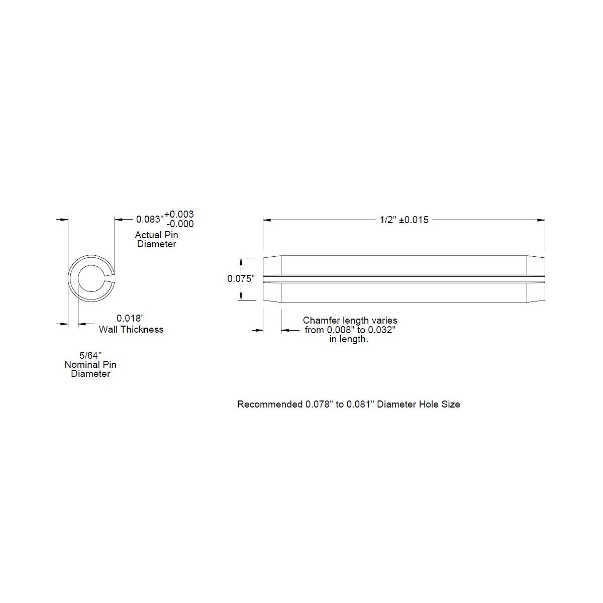 5/64 Dia. (.078), SAE Roll Pin x 1/2 (.500) lg., long, Slotted Spring Pin