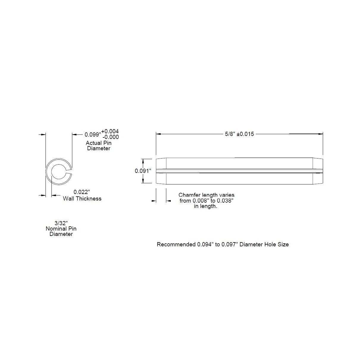 3/32 Dia. (.093), SAE Roll Pin x 5/8 (0.625) lg., long, Slotted Spring Pin