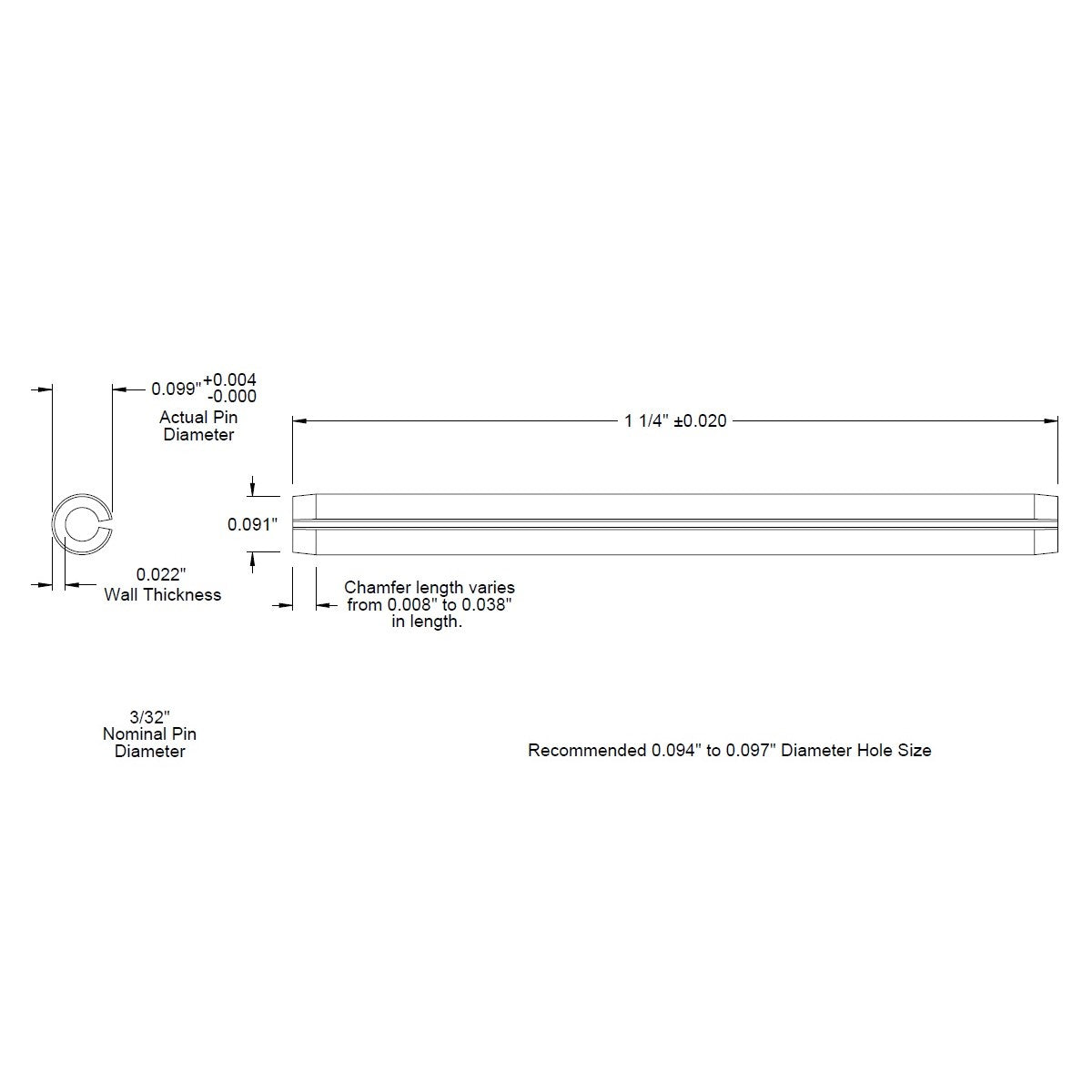 3/32 Dia. (.093), SAE Roll Pin x 1 1/4 (1.250) lg., long, Slotted Spring Pin