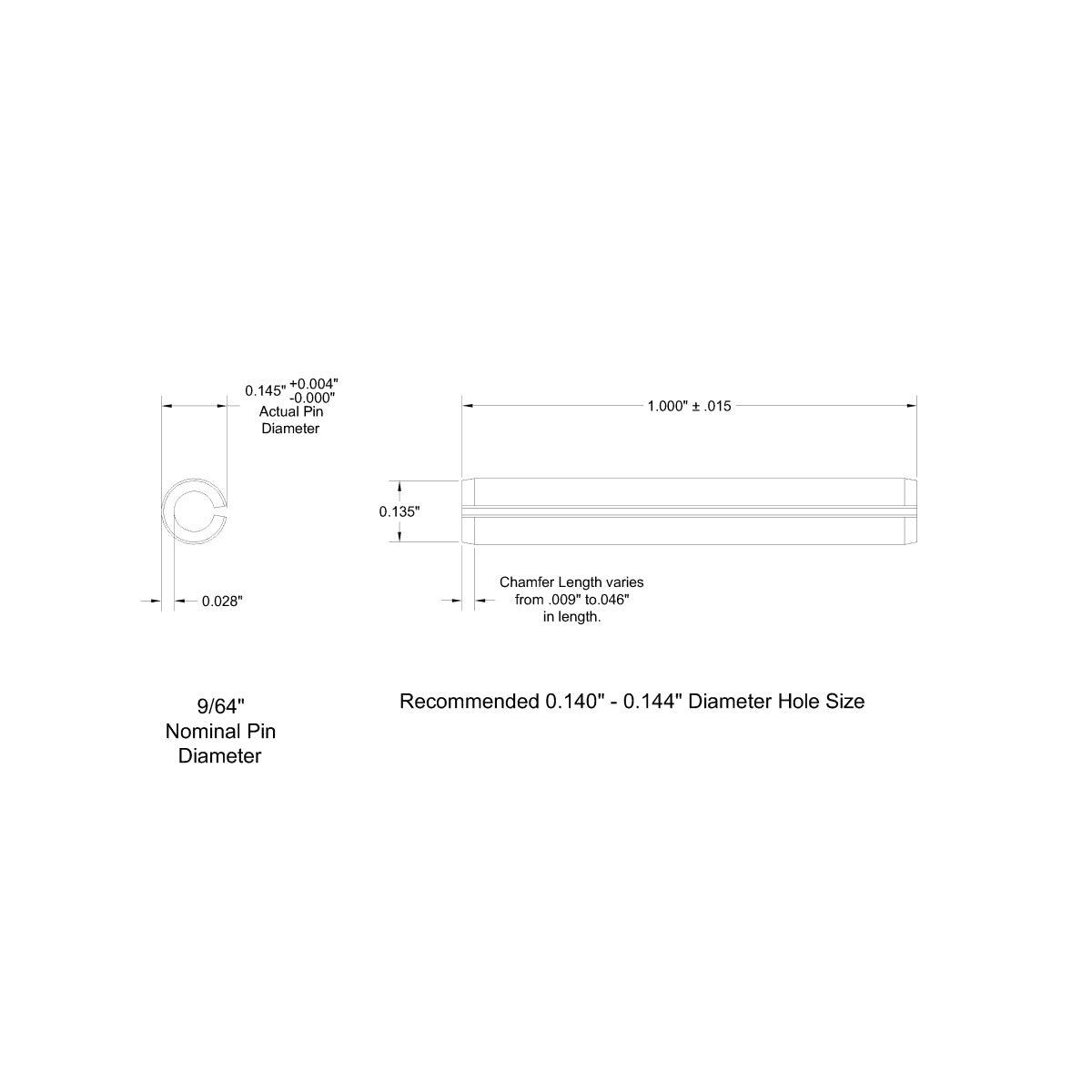 9/64 Dia. (0.141), SAE Roll Pin x 1 (1.000) lg., long, Slotted Spring Pin