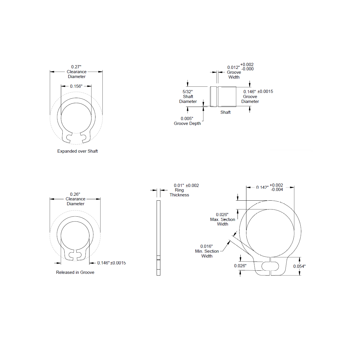 5/32" (.156) External Snap Ring, Retaining Ring, SAE, Black Phosphate, Inch