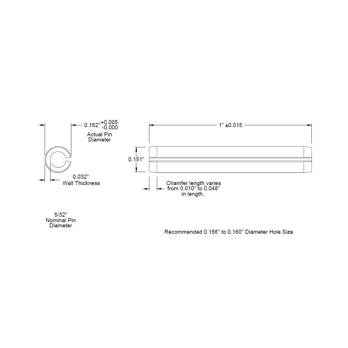 5/32 Dia. (0.156), SAE Roll Pin x 1 (1.000) lg., long, Slotted Spring Pin