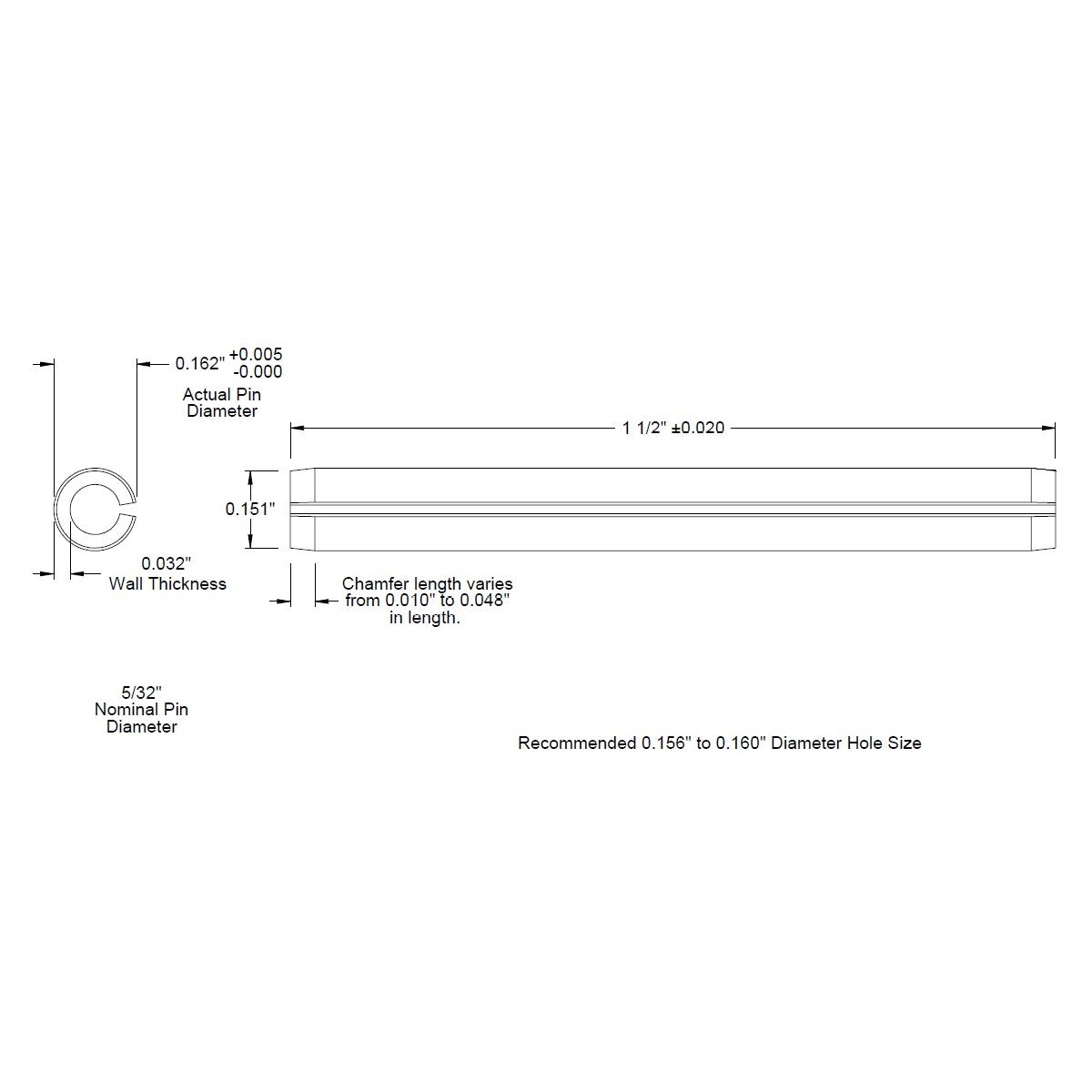 5/32 Dia. (0.156), SAE Roll Pin x 1 1/2 (1.500) lg., long, Slotted Spring Pin