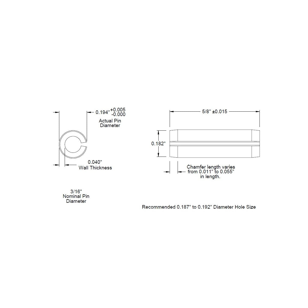 3/16 Dia. (0.188), SAE Roll Pin x 5/8 (0.625) lg., long, Slotted Spring Pin