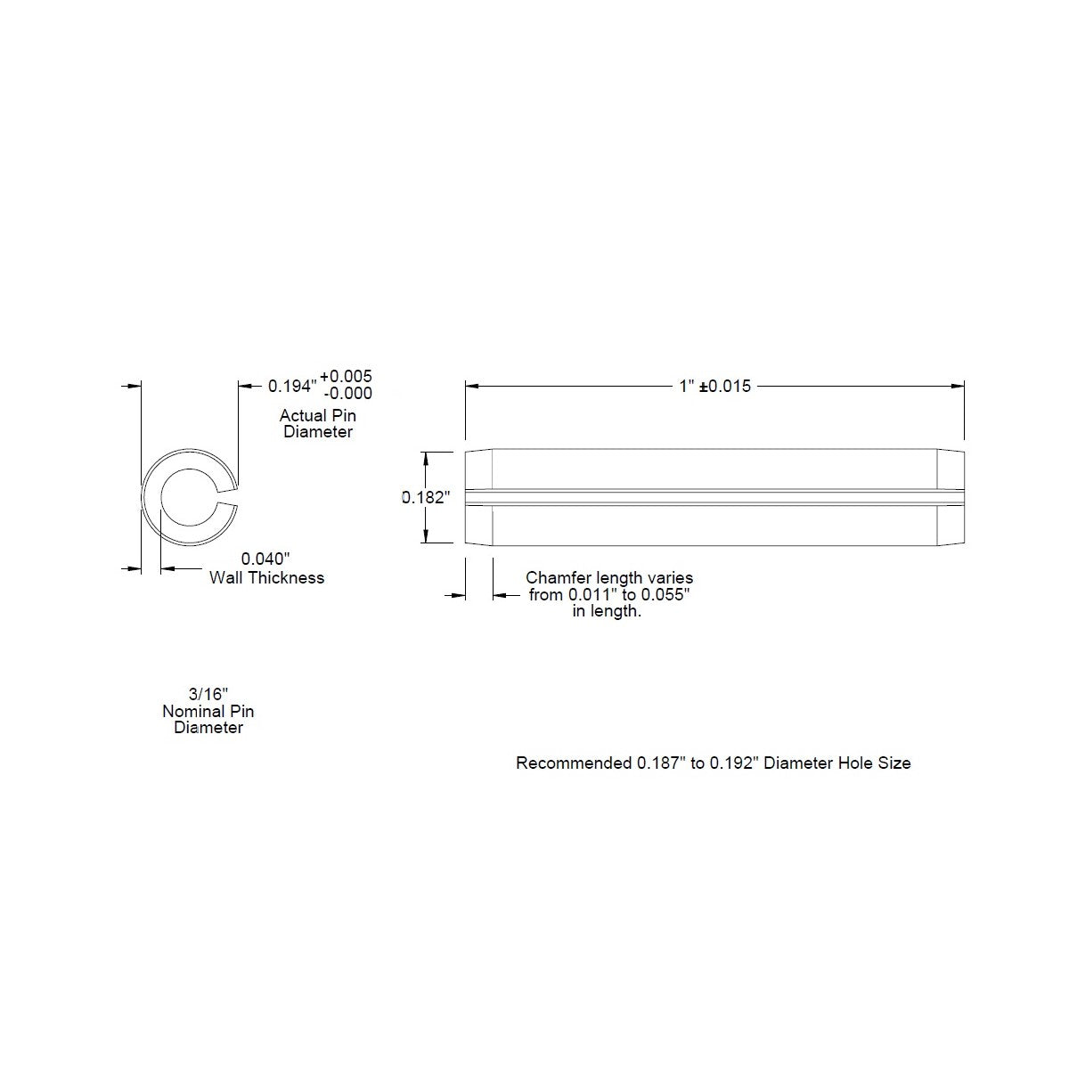 3/16 Dia. (0.188), SAE Roll Pin x 1 (1.000) lg., long, Slotted Spring Pin