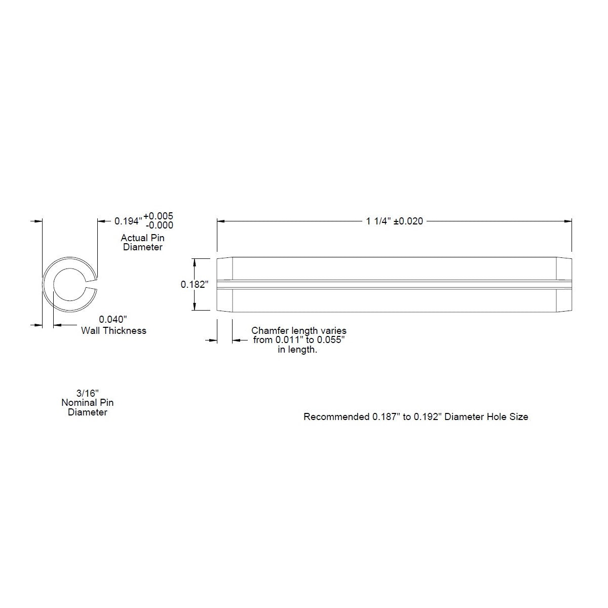 3/16 Dia. (0.188), SAE Roll Pin x 1 1/4 (1.250) lg., long, Slotted Spring Pin