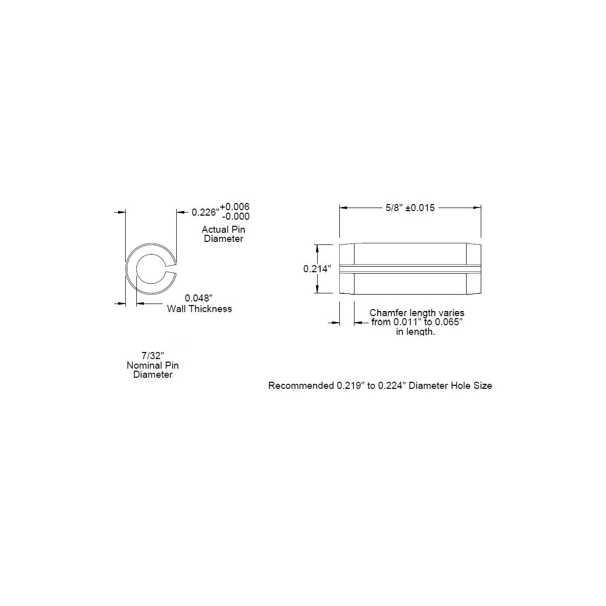 7/32 Dia. (0.219), SAE Roll Pin x 5/8 (0.625) lg., long, Slotted Spring Pin