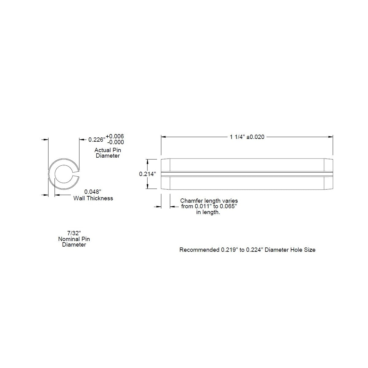 7/32 Dia. (0.219), SAE Roll Pin x 1 1/4 (1.250) lg., long, Slotted Spring Pin