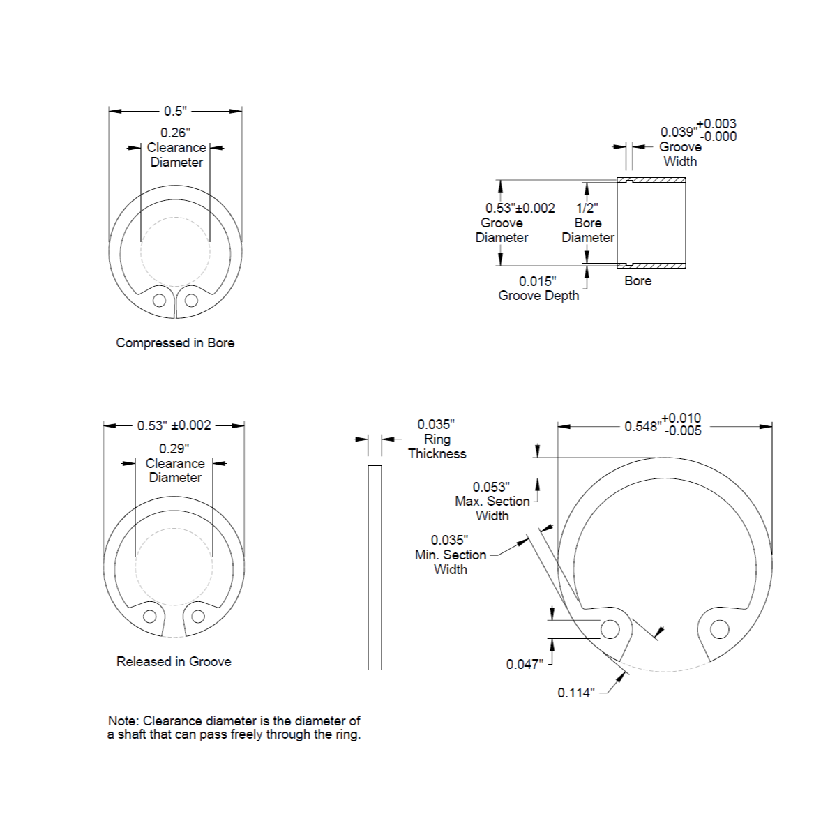 1/2" (0.500) ** Internal ** Retaining Ring, Snap Ring, SAE, Black Phosphate