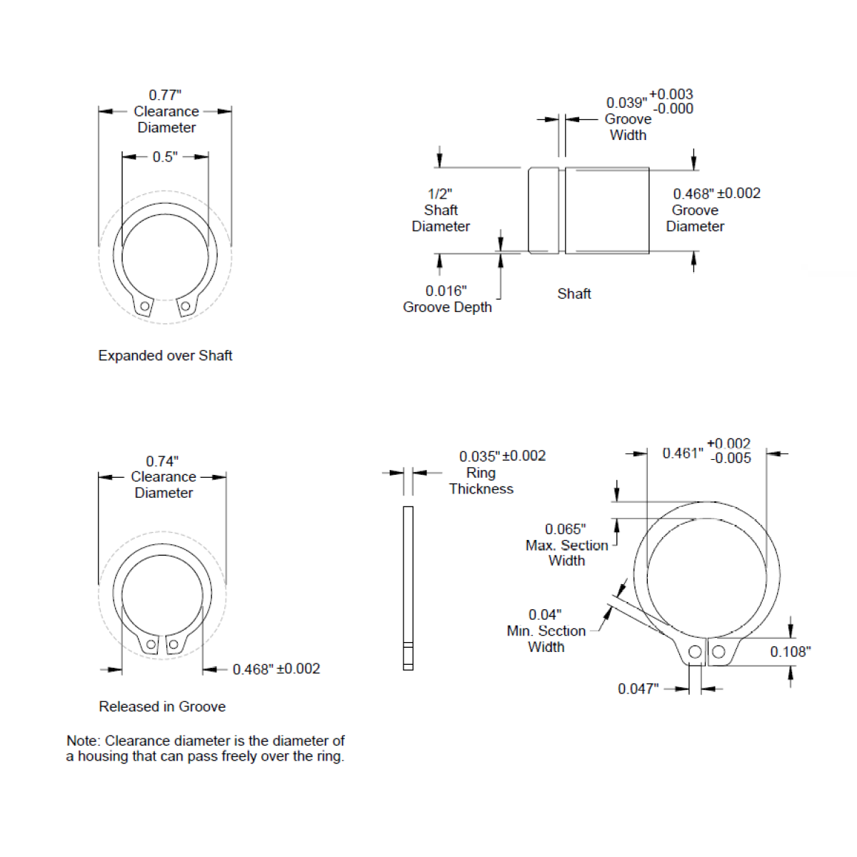 1/2" (.500) External Snap Ring, Retaining Ring, SAE, Black Phosphate, Inch