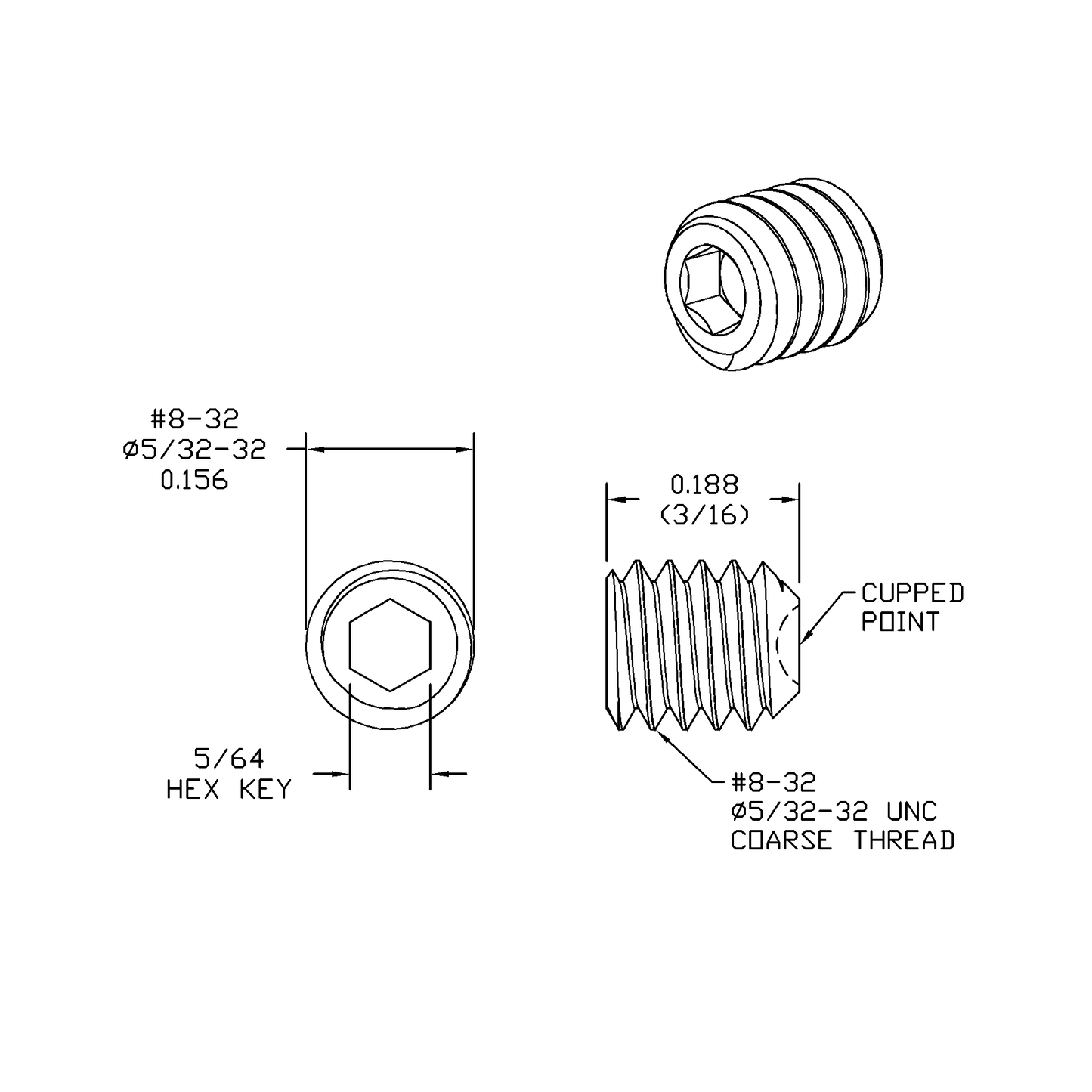 #8 x 3/16 lg, (5/32-32), Standard Thread, Socket Set Screw, Cupped Point, Black Oxide Finish