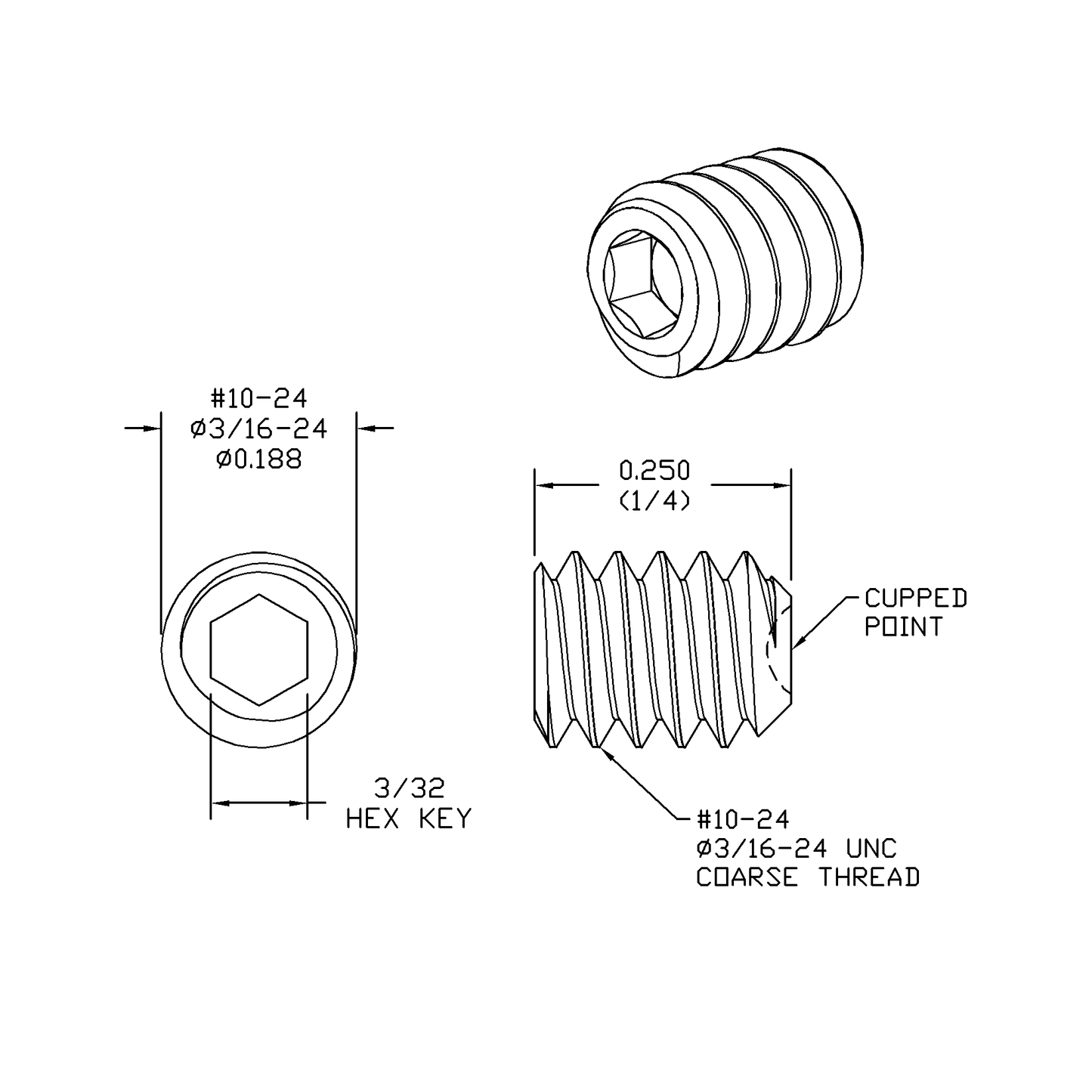 3/16-24 x 1/4 Lg, Standard Thread, Socket Set Screw, Cupped Point, Black Oxide Finish