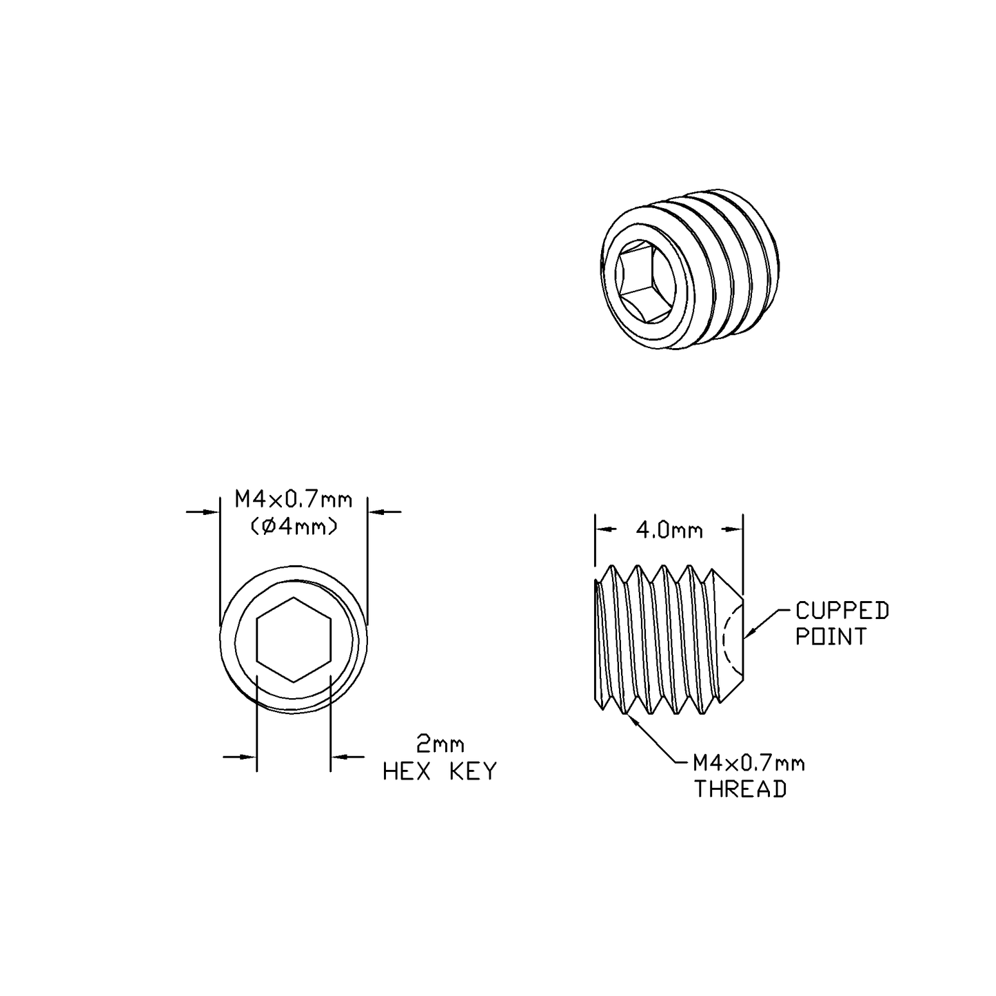 M4 x 4mm Lg (M4x0.7 Standard Thread) Socket Set Screw, Cupped Point Black Oxide Finish