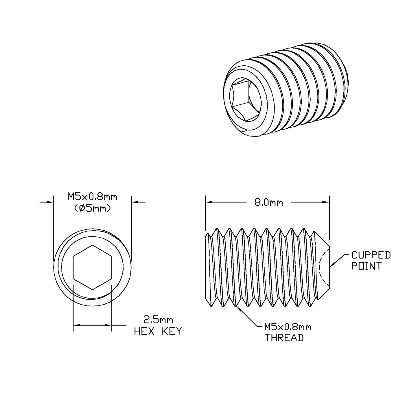 M5 x 8mm Lg (M5x0.8 Standard Thread) Socket Set Screw, Cupped Point Black Oxide Finish