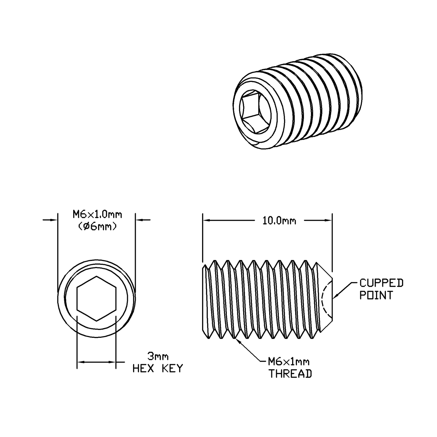 M6 x 10mm Lg (M6x1.0 Standard Thread) Socket Set Screw, Cupped Point Black Oxide Finish