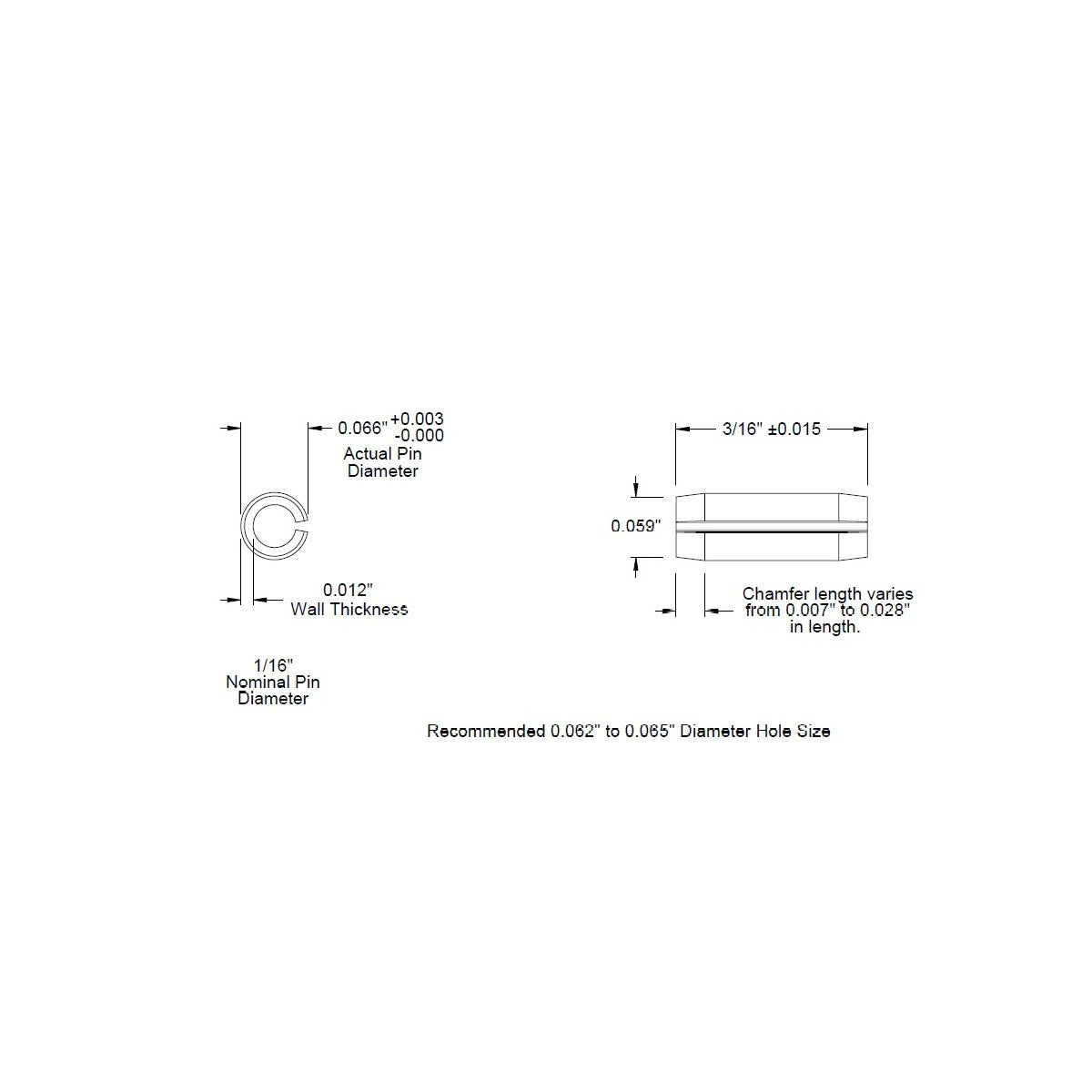 1/16 Dia. (.0625), SAE Roll Pin x 3/16 (.1875) lg., long, Slotted Spring Pin