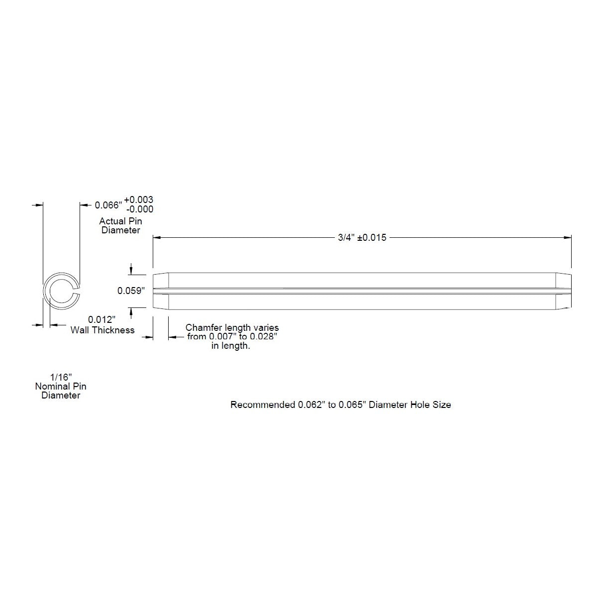 1/16 Dia. (.0625), SAE Roll Pin x 3/4 (.750) lg., long, Slotted Spring Pin