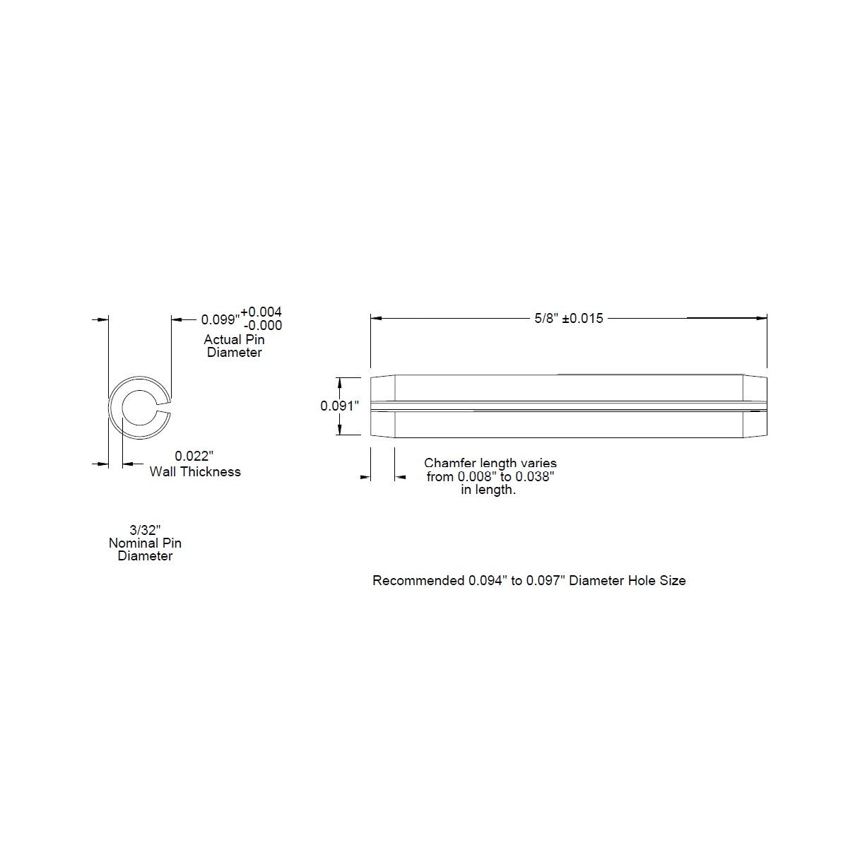 3/16 Dia. (0.188), SAE Roll Pin x 5/8 (0.625) lg., long, Slotted Spring Pin