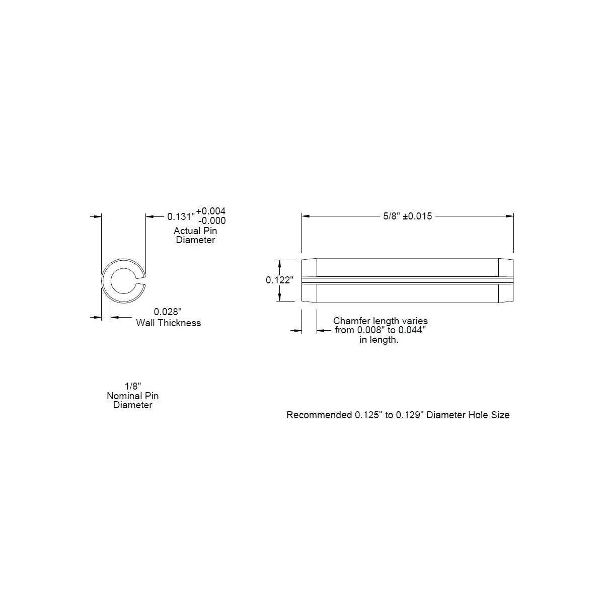 1/8 Dia. (0.125), SAE Roll Pin x 5/8 (0.625) lg., long, Slotted Spring Pin