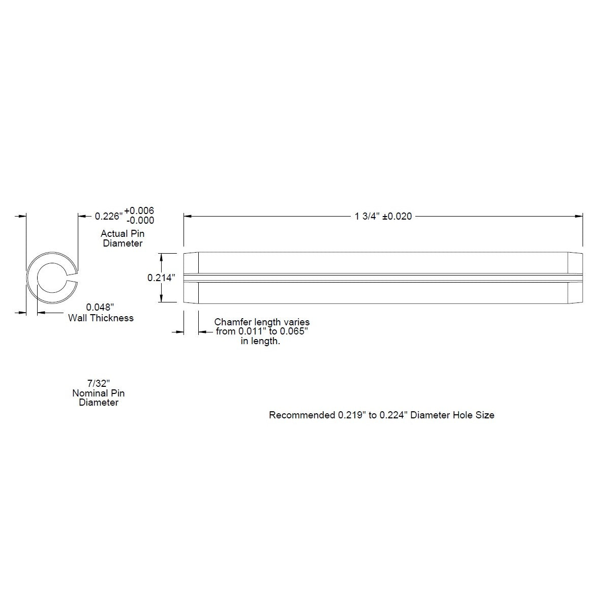 7/32 Dia. (0.219), SAE Roll Pin x 1 3/4 (1.750) lg., long, Slotted Spring Pin