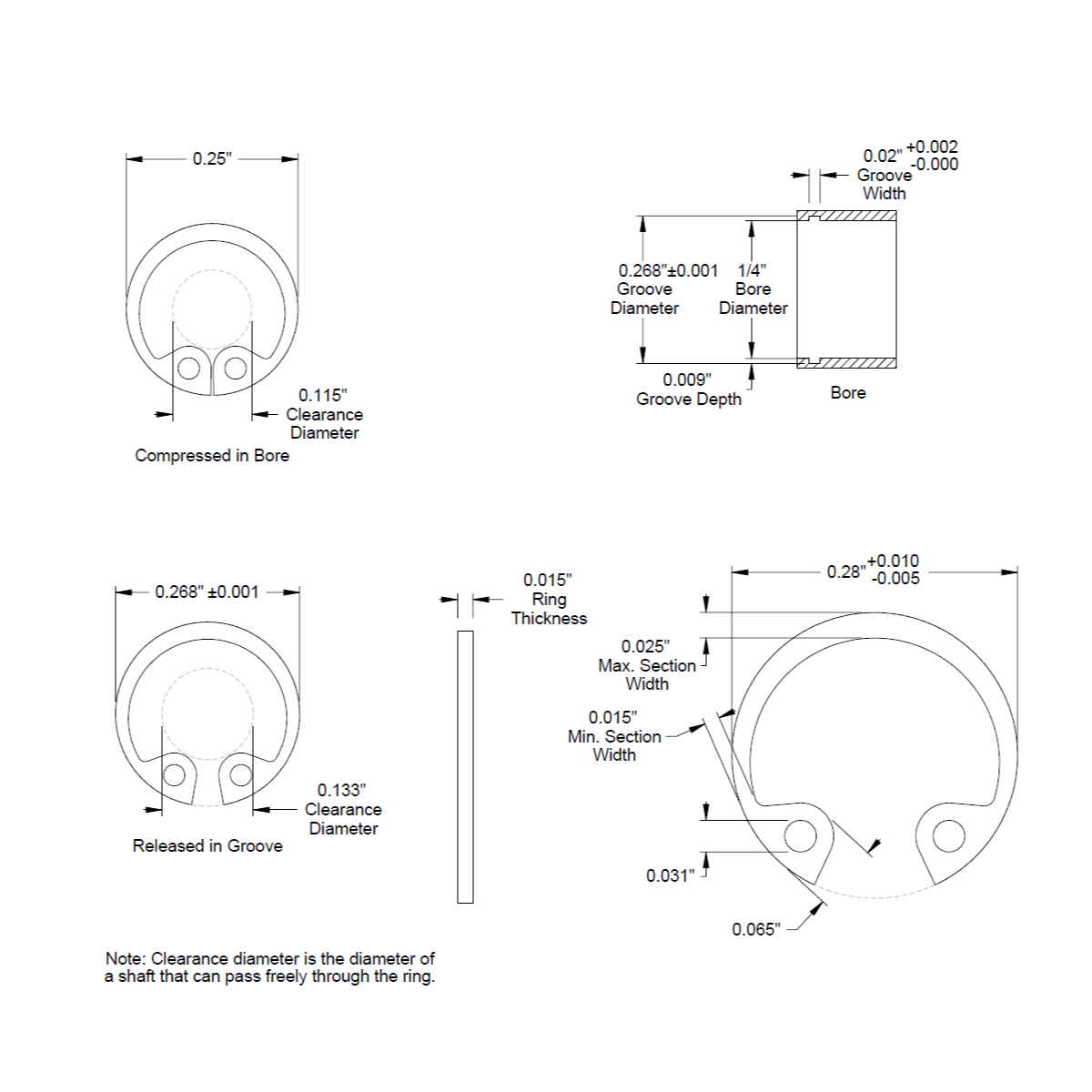 1/4" (0.250) ** Internal ** Retaining Ring, Snap Ring, SAE, Black Phosphate