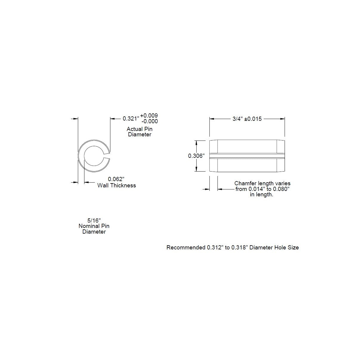 5/16 Dia. (0.312), SAE Roll Pin x 3/4 (0.750) lg., long, Slotted Spring Pin