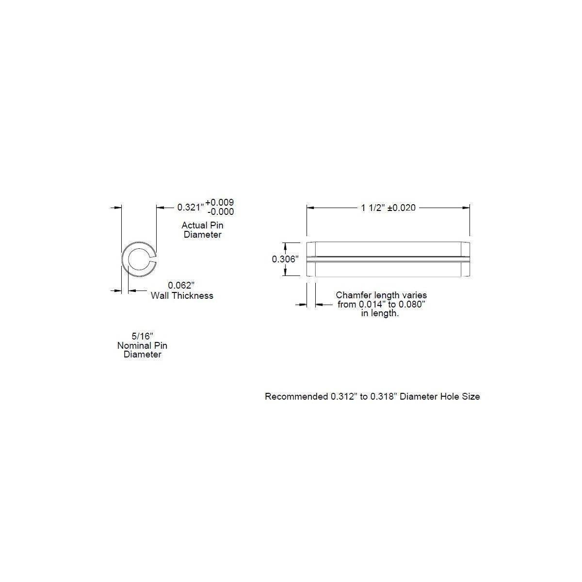 5/16 Dia. (0.312), SAE Roll Pin x 1 1/2 (1.500) lg., long, Slotted Spring Pin