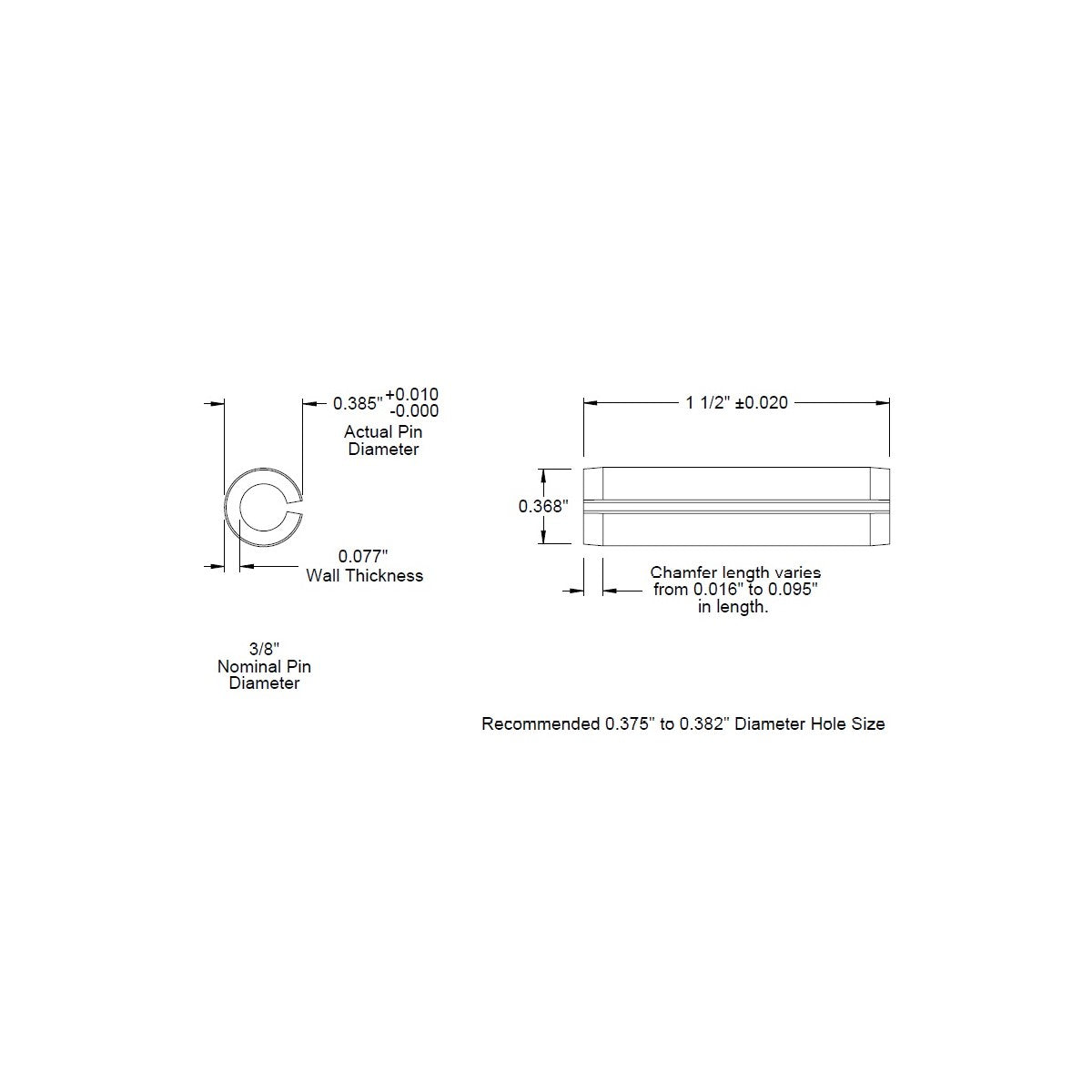 3/8 Dia. (0.375), SAE Roll Pin x 1 1/2 (1.500) lg., long, Slotted Spring Pin