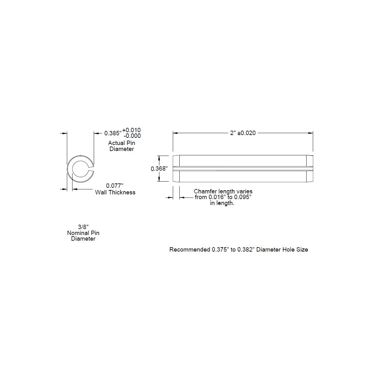 3/8 Dia. (0.375), SAE Roll Pin x 2 (2.000) lg., long, Slotted Spring Pin