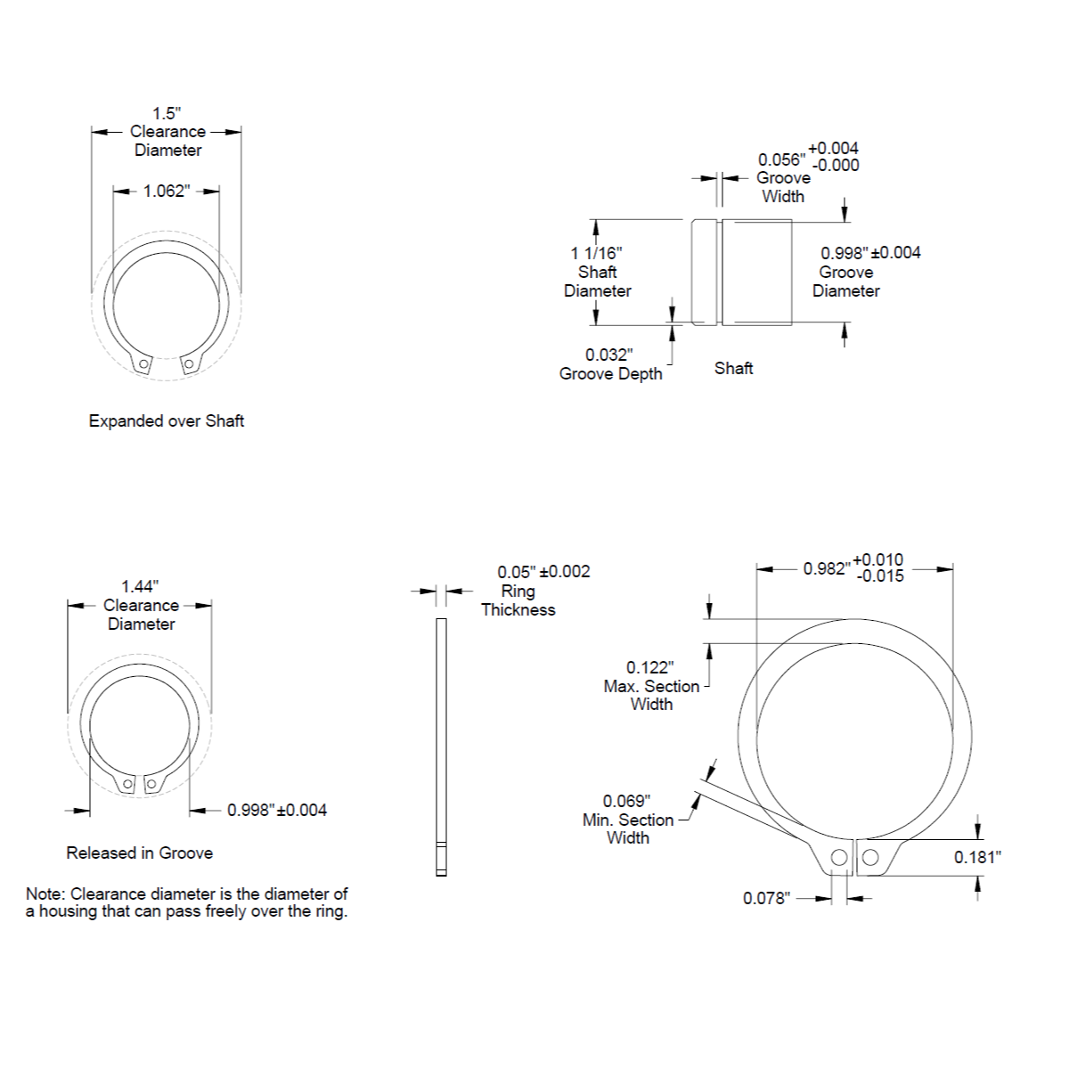 1 1/16" (1.062) External Snap Ring, Retaining Ring, SAE Black Phosphate Inch